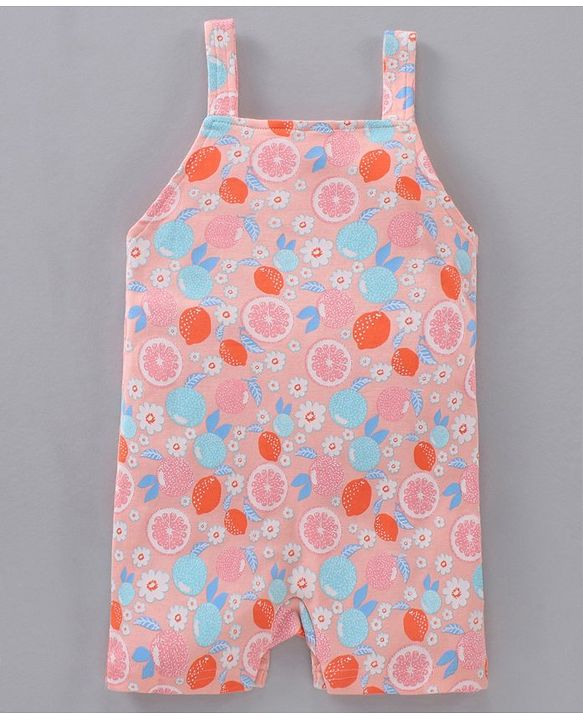 Babyhug Cap Sleeves Cotton Tee With Dungaree Lemon Print- Pink