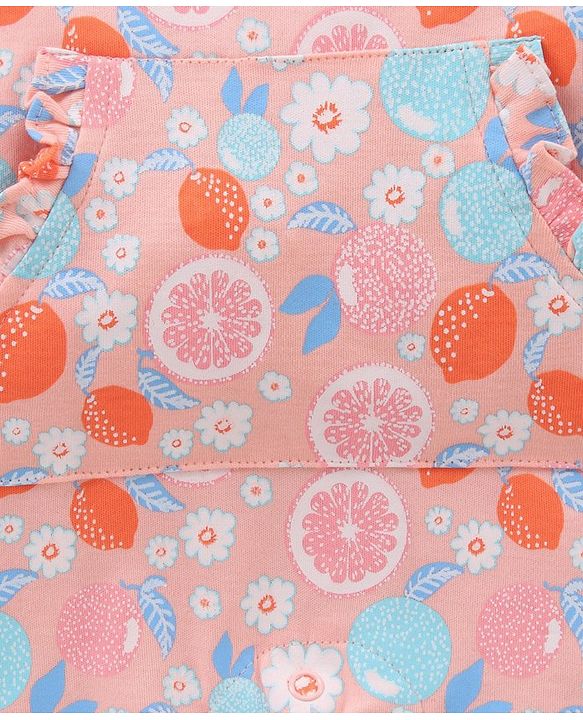 Babyhug Cap Sleeves Cotton Tee With Dungaree Lemon Print- Pink