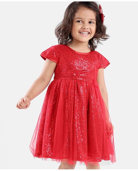 Babyhug Cap Sleeves Sequined Party Frock with Corsage - Red