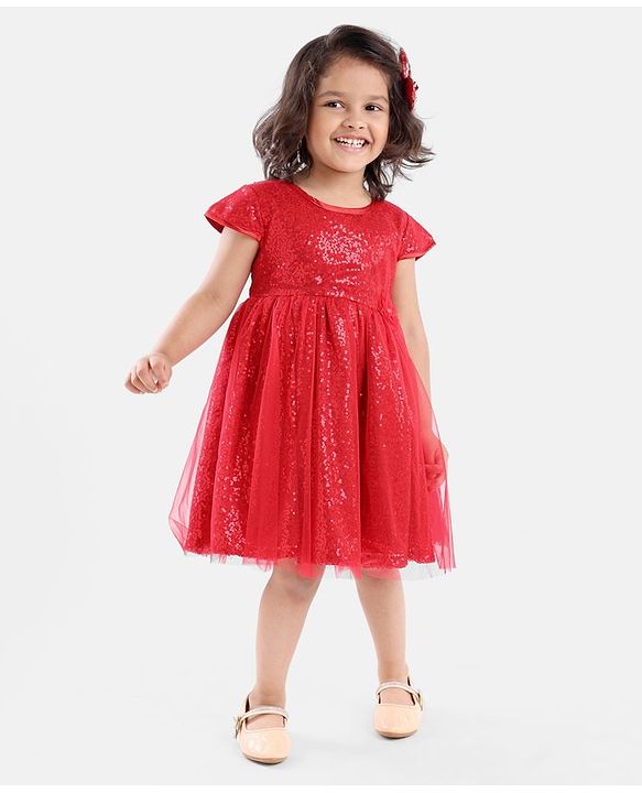 Babyhug Cap Sleeves Sequined Party Frock with Corsage - Red