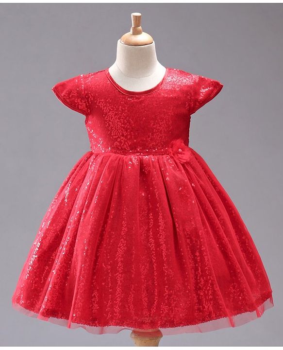 Babyhug Cap Sleeves Sequined Party Frock with Corsage - Red