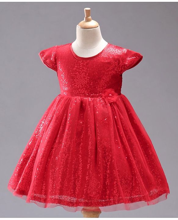 Babyhug Cap Sleeves Sequined Party Frock with Corsage - Red