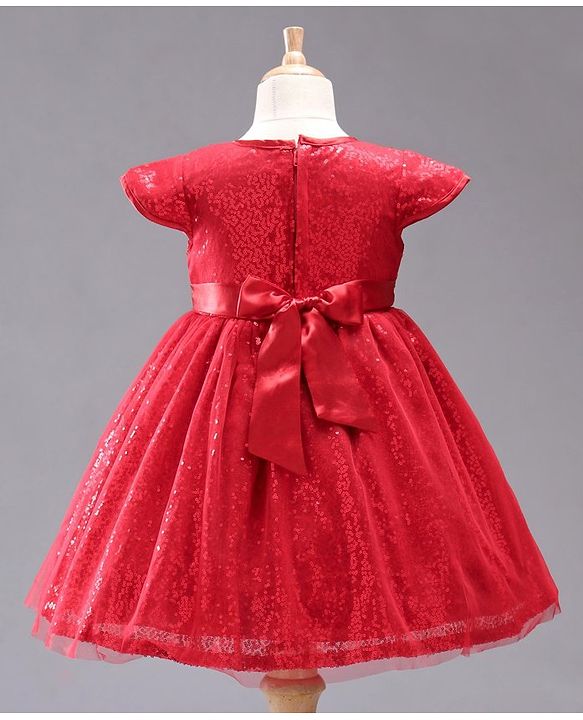 Babyhug Cap Sleeves Sequined Party Frock with Corsage - Red