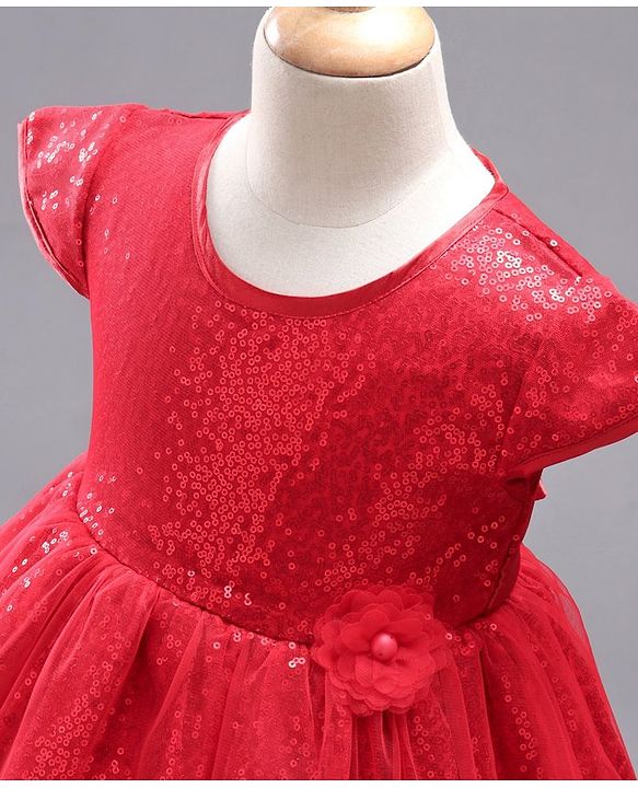 Babyhug Cap Sleeves Sequined Party Frock with Corsage - Red