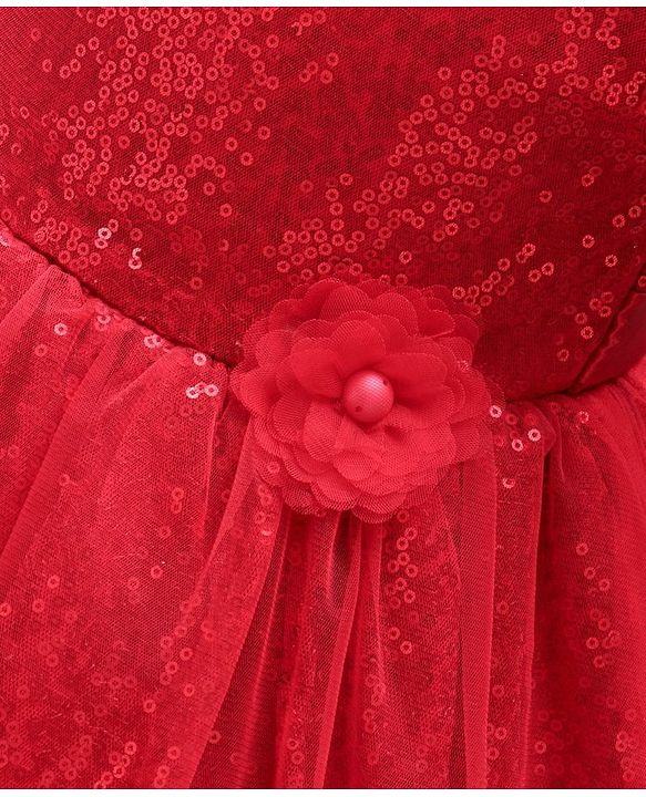 Babyhug Cap Sleeves Sequined Party Frock with Corsage - Red
