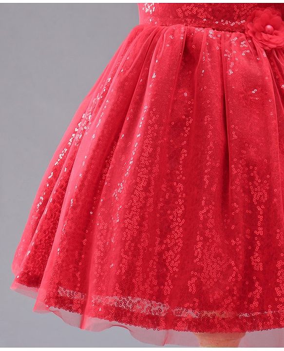 Babyhug Cap Sleeves Sequined Party Frock with Corsage - Red