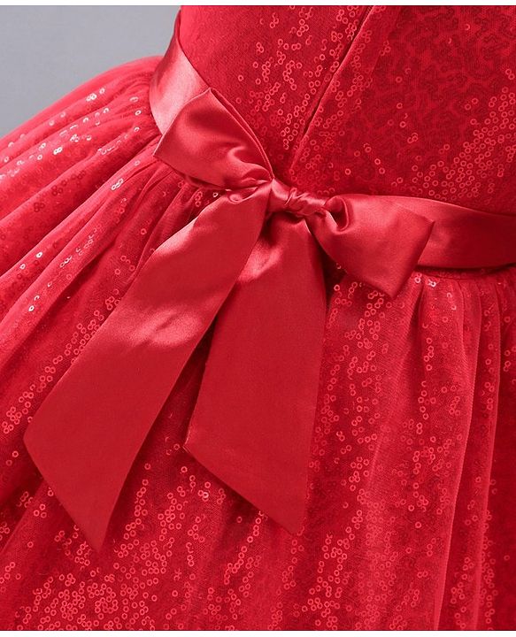 Babyhug Cap Sleeves Sequined Party Frock with Corsage - Red