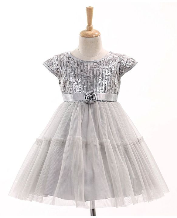 Babyhug Cap Sleeves Party Wear Tutu Sequined Frock Corsage Applique - Grey