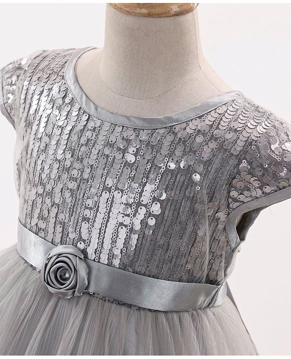 Babyhug Cap Sleeves Party Wear Tutu Sequined Frock Corsage Applique - Grey