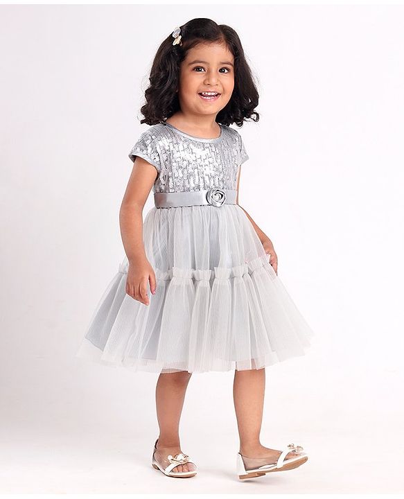Babyhug Cap Sleeves Party Wear Tutu Sequined Frock Corsage Applique - Grey