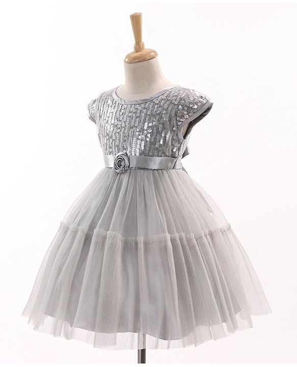 Babyhug Cap Sleeves Party Wear Tutu Sequined Frock Corsage Applique - Grey
