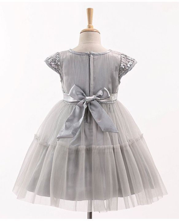Babyhug Cap Sleeves Party Wear Tutu Sequined Frock Corsage Applique - Grey