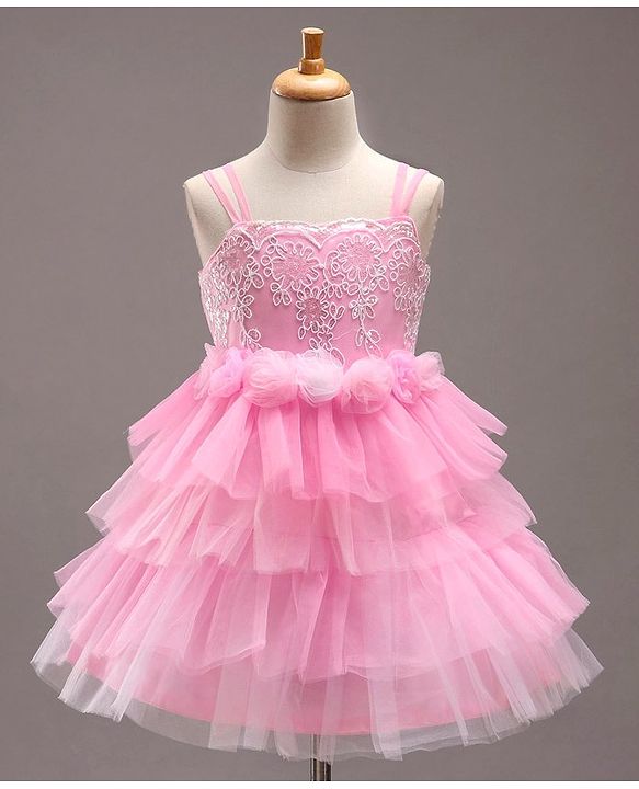 Babyhug Singlet Sleeves Layered Party Frock with Floral Corsage - Pink