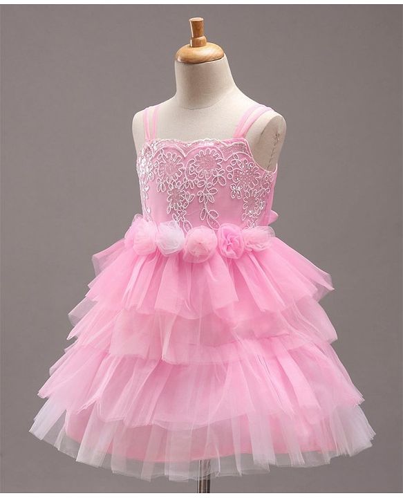 Babyhug Singlet Sleeves Layered Party Frock with Floral Corsage - Pink