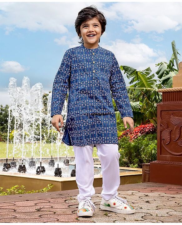 Pine Kids Full Sleeve Boys Kurta Pyjama Set with Cotton Lining Self Printed - Blue Sapphire