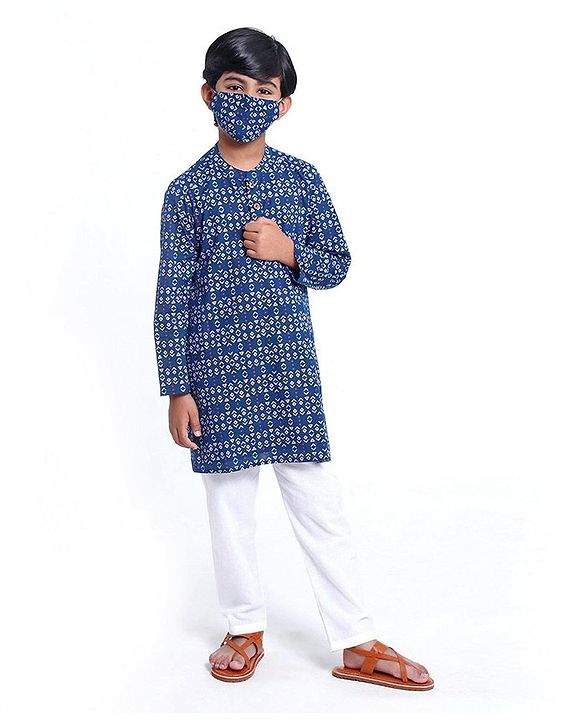 Pine Kids Full Sleeve Boys Kurta Pyjama Set with Cotton Lining Self Printed - Blue Sapphire