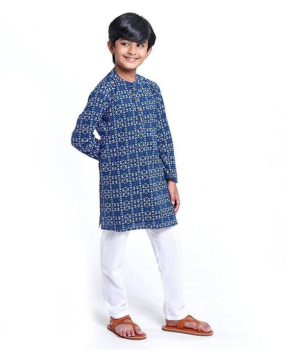 Pine Kids Full Sleeve Boys Kurta Pyjama Set with Cotton Lining Self Printed - Blue Sapphire