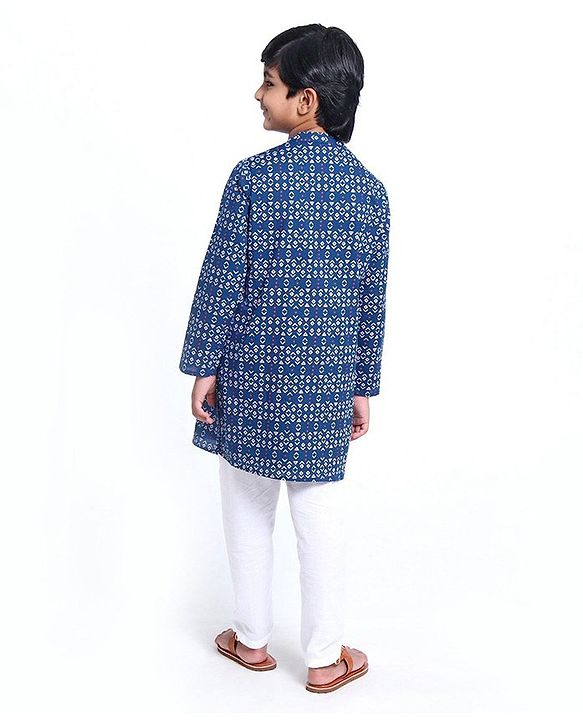Pine Kids Full Sleeve Boys Kurta Pyjama Set with Cotton Lining Self Printed - Blue Sapphire