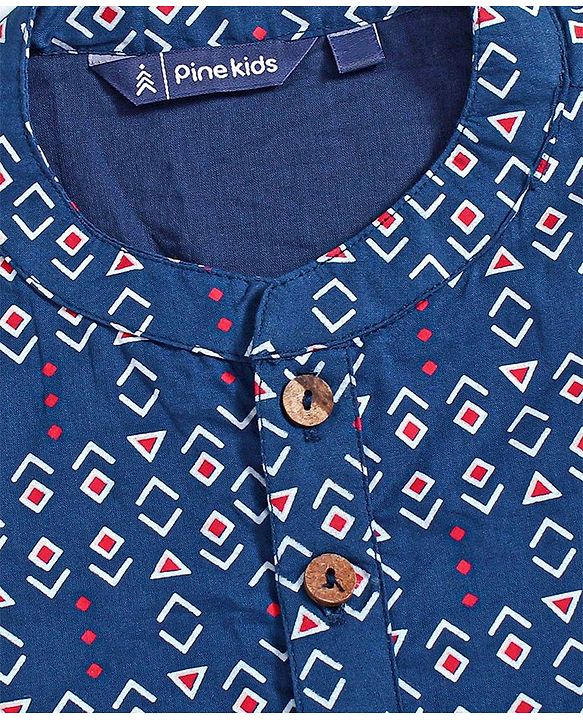 Pine Kids Full Sleeve Boys Kurta Pyjama Set with Cotton Lining Self Printed - Blue Sapphire