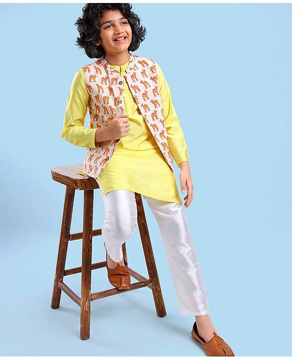 Pine Kids Full Sleeves Kurta Pyjama Set with Camel Printed Nehru Jacket & Mask - Light Yellow