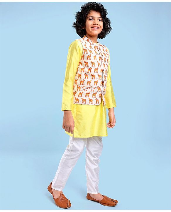 Pine Kids Full Sleeves Kurta Pyjama Set with Camel Printed Nehru Jacket & Mask - Light Yellow