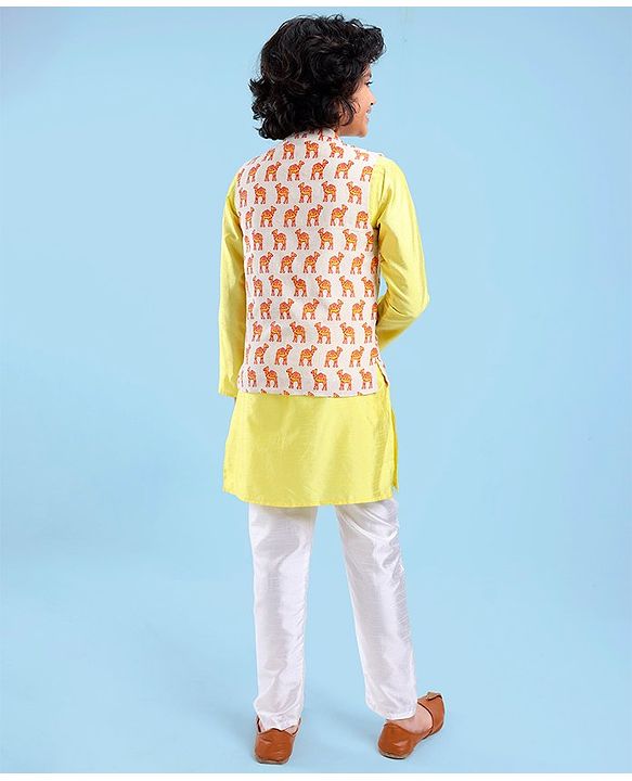 Pine Kids Full Sleeves Kurta Pyjama Set with Camel Printed Nehru Jacket & Mask - Light Yellow
