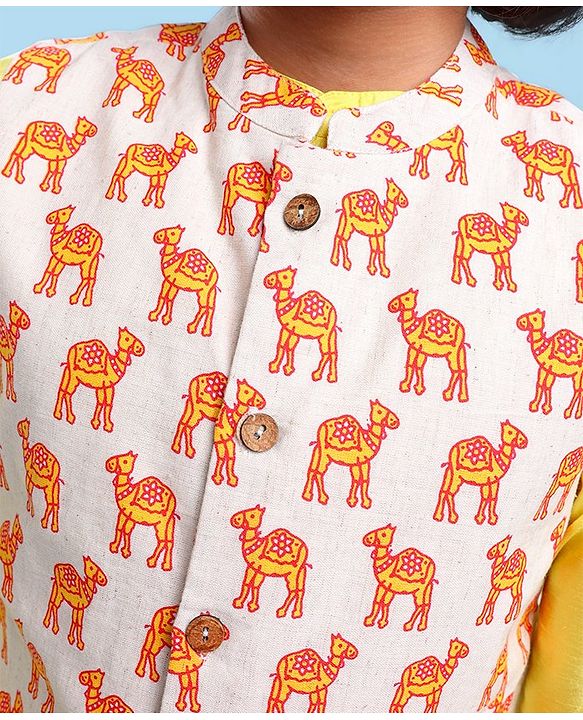Pine Kids Full Sleeves Kurta Pyjama Set with Camel Printed Nehru Jacket & Mask - Light Yellow