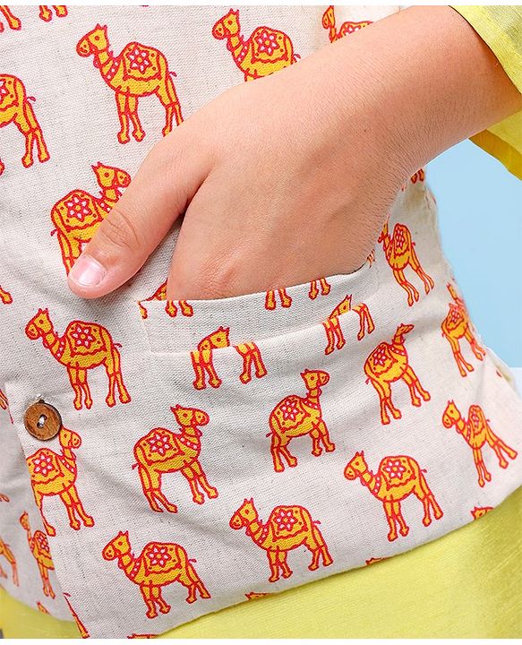Pine Kids Full Sleeves Kurta Pyjama Set with Camel Printed Nehru Jacket & Mask - Light Yellow