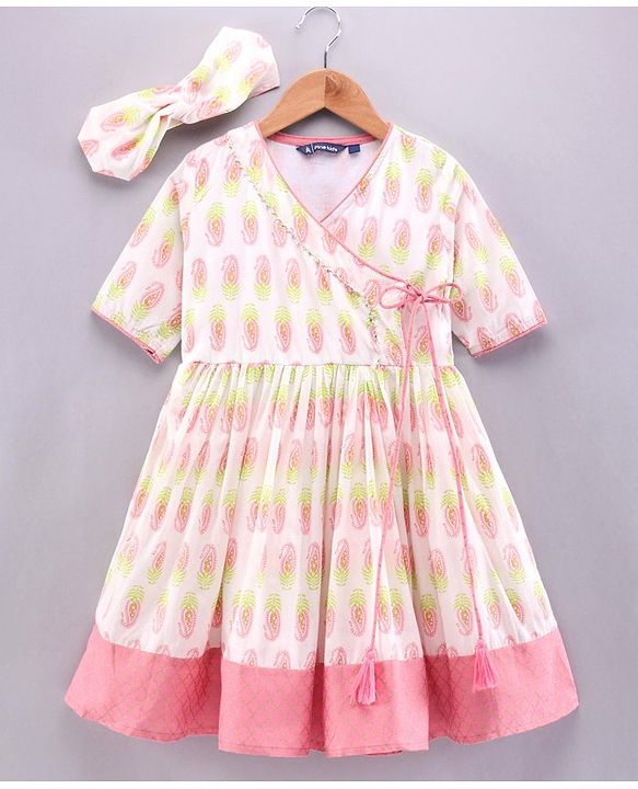 Pine Kids Three Fourth Sleeves Ethnic Dress with Head Band - White