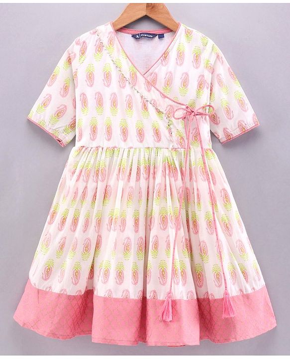 Pine Kids Three Fourth Sleeves Ethnic Dress with Head Band - White