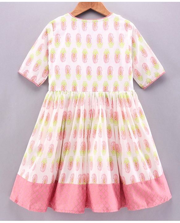 Pine Kids Three Fourth Sleeves Ethnic Dress with Head Band - White