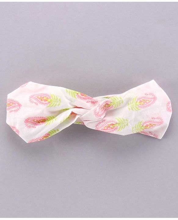 Pine Kids Three Fourth Sleeves Ethnic Dress with Head Band - White