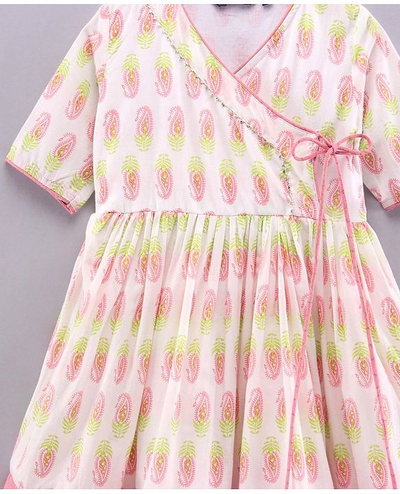 Pine Kids Three Fourth Sleeves Ethnic Dress with Head Band - White