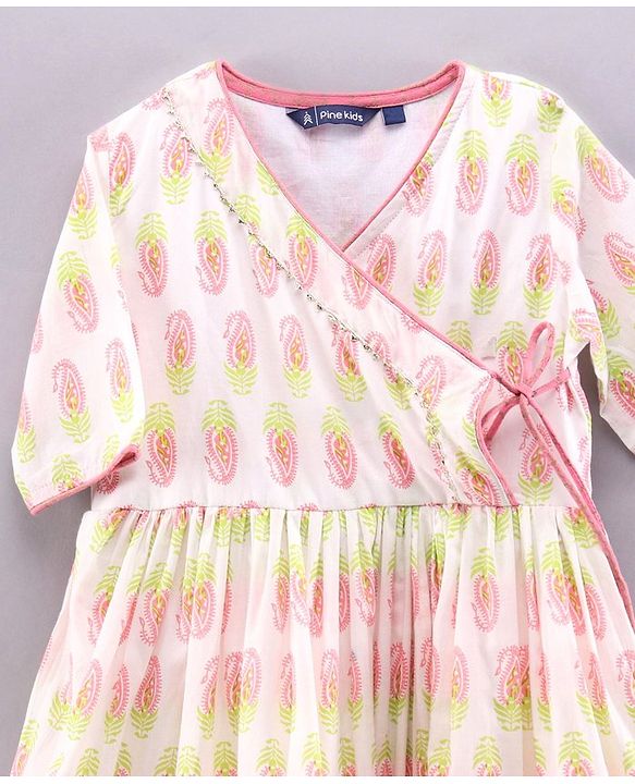 Pine Kids Three Fourth Sleeves Ethnic Dress with Head Band - White