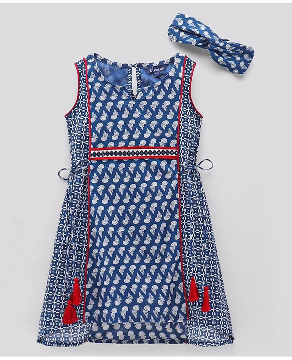 Pine Kids Printed Ethnic Dresses with Hair Band - Blue