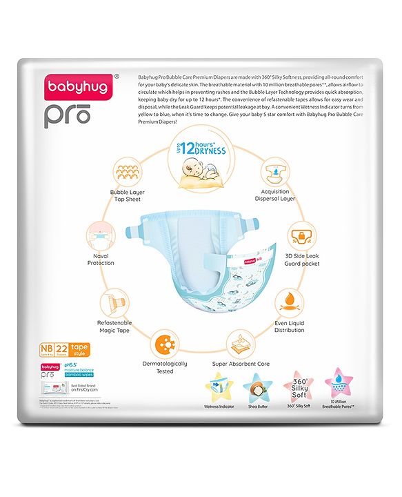Babyhug Pro Bubble Care Premium Tape Style Diaper for New Born (NB) Size - 22 Pieces - New & Improved Superior Fit