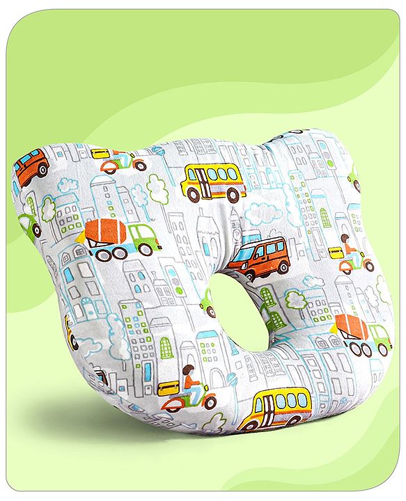 Babyhug Memory Foam Pillow Transport Print - Blue| Prevents Flat-Head Syndrome| Firm and Supportive| Supports Neck and Shoulders| Soft Breathable Fabric| Washable| Travel Friendly| Suitable for New Born