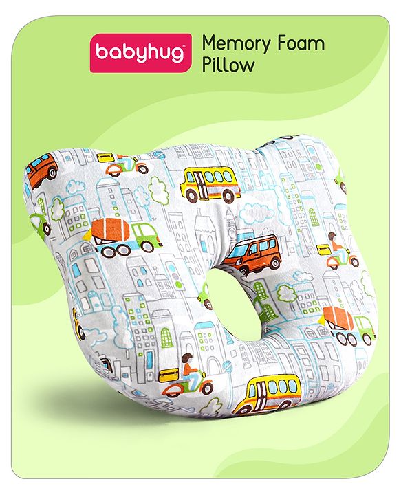 Babyhug Memory Foam Pillow Transport Print - Blue| Prevents Flat-Head Syndrome| Firm and Supportive| Supports Neck and Shoulders| Soft Breathable Fabric| Washable| Travel Friendly| Suitable for New Born