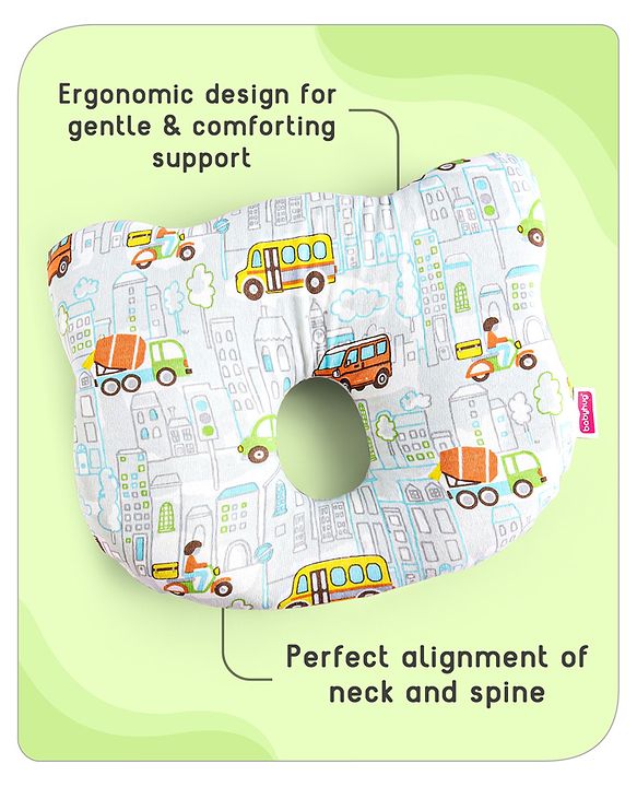 Babyhug Memory Foam Pillow Transport Print - Blue| Prevents Flat-Head Syndrome| Firm and Supportive| Supports Neck and Shoulders| Soft Breathable Fabric| Washable| Travel Friendly| Suitable for New Born
