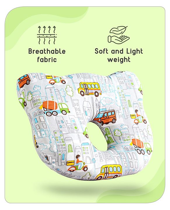 Babyhug Memory Foam Pillow Transport Print - Blue| Prevents Flat-Head Syndrome| Firm and Supportive| Supports Neck and Shoulders| Soft Breathable Fabric| Washable| Travel Friendly| Suitable for New Born