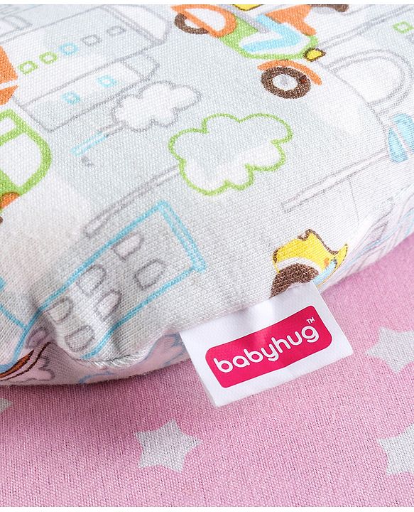 Babyhug Memory Foam Pillow Transport Print - Blue| Prevents Flat-Head Syndrome| Firm and Supportive| Supports Neck and Shoulders| Soft Breathable Fabric| Washable| Travel Friendly| Suitable for New Born