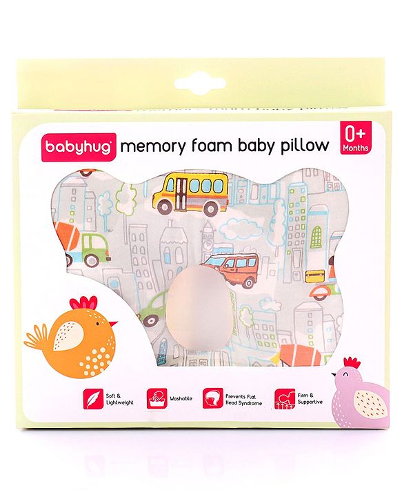Babyhug Memory Foam Pillow Transport Print - Blue| Prevents Flat-Head Syndrome| Firm and Supportive| Supports Neck and Shoulders| Soft Breathable Fabric| Washable| Travel Friendly| Suitable for New Born