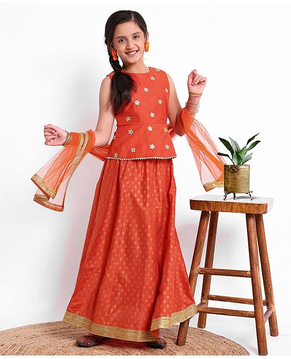 Pine Kids Sleeveless Embroidered Choli With Gold Print Lehenga And Mesh Dupatta - Orange