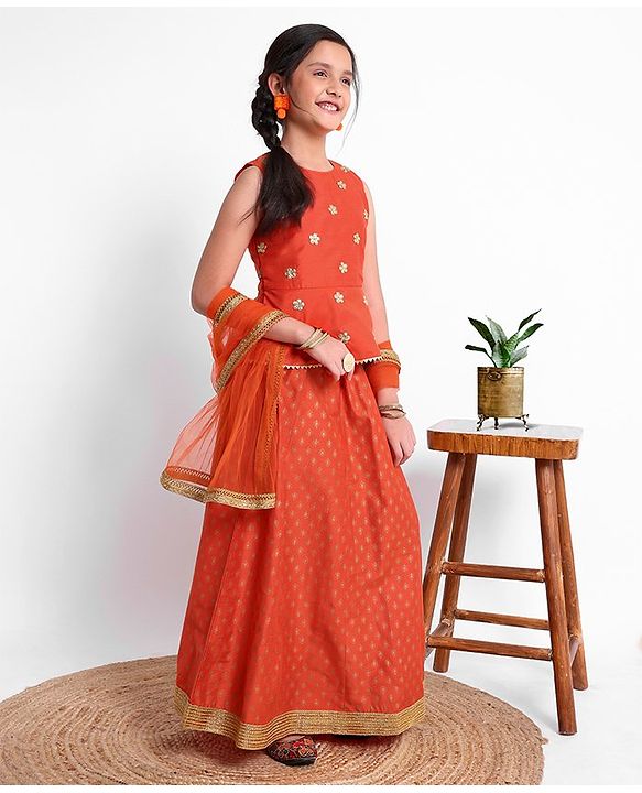 Pine Kids Sleeveless Embroidered Choli With Gold Print Lehenga And Mesh Dupatta - Orange