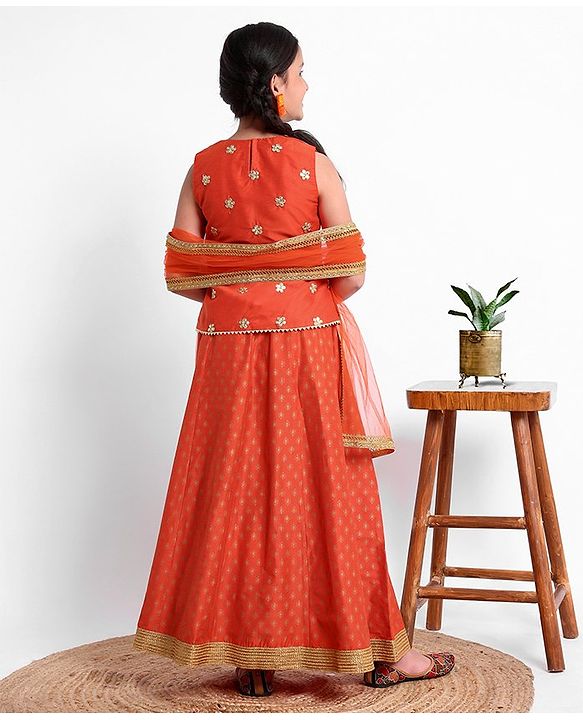 Pine Kids Sleeveless Embroidered Choli With Gold Print Lehenga And Mesh Dupatta - Orange