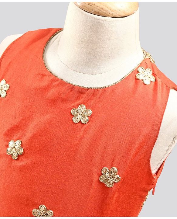 Pine Kids Sleeveless Embroidered Choli With Gold Print Lehenga And Mesh Dupatta - Orange