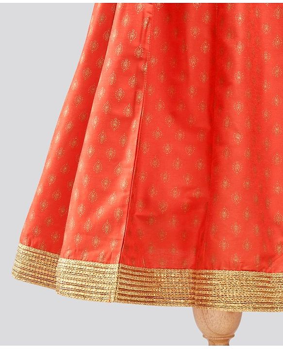 Pine Kids Sleeveless Embroidered Choli With Gold Print Lehenga And Mesh Dupatta - Orange