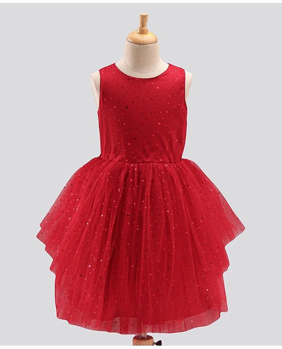 Pine Kids Biowash Party Wear Sleeveless Frock Foil Detailing - Red