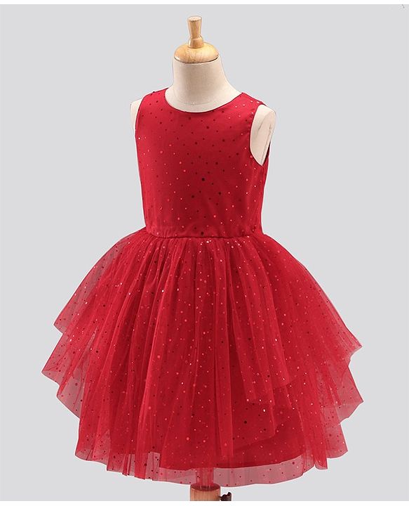 Pine Kids Biowash Party Wear Sleeveless Frock Foil Detailing - Red
