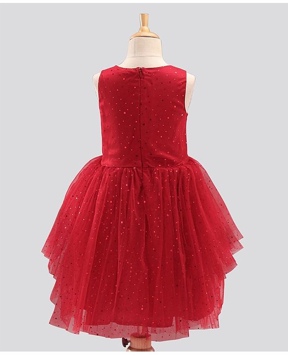 Pine Kids Biowash Party Wear Sleeveless Frock Foil Detailing - Red